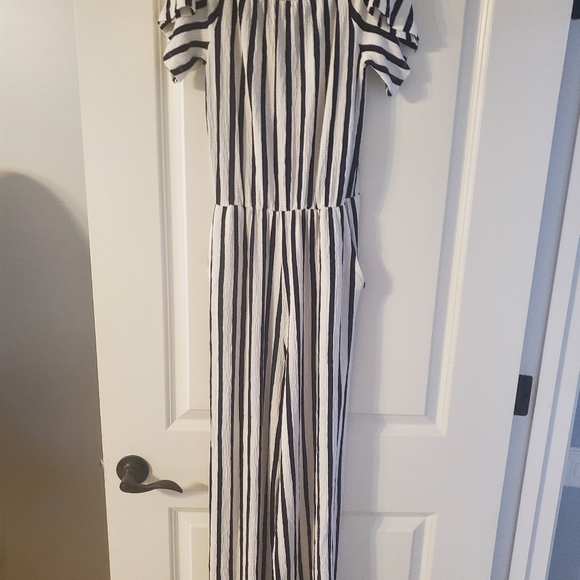 Love Tree Pants - Ladies blue white stripe off the shoulder jump suit, elastic waist, side pockets